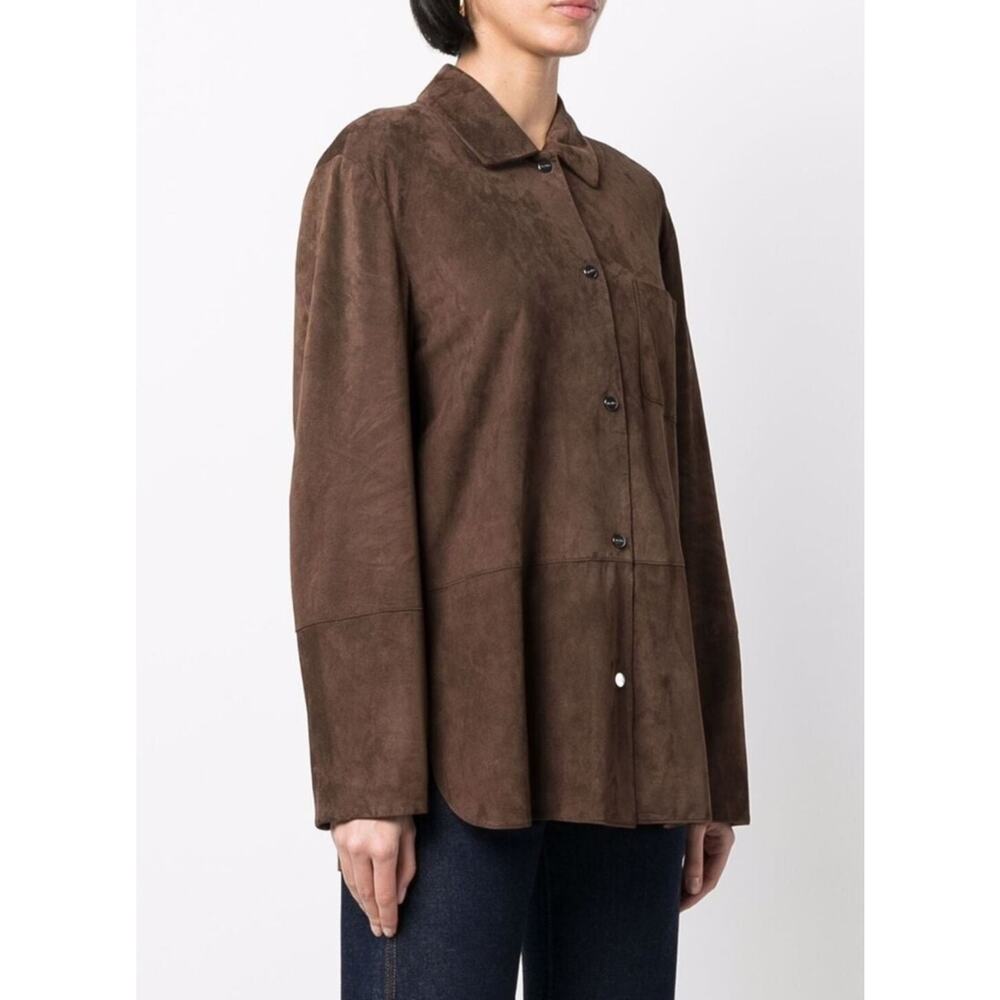 'S MAX MARA Esotico Brown Lamb Leather Suede Shirt Jacket Shacket Saks 4 38 $750 - Picture 2 of 13